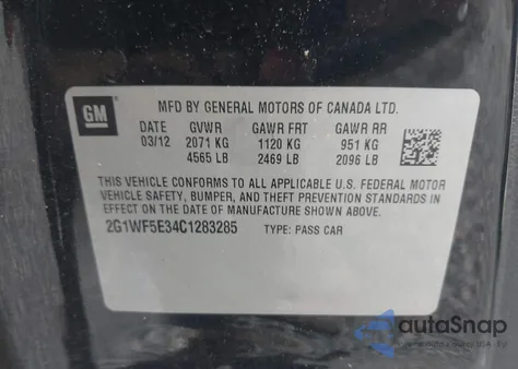 2012 Chevrolet Impala Ls from USA, damaged, VIN 2G1WF5E34C1283285